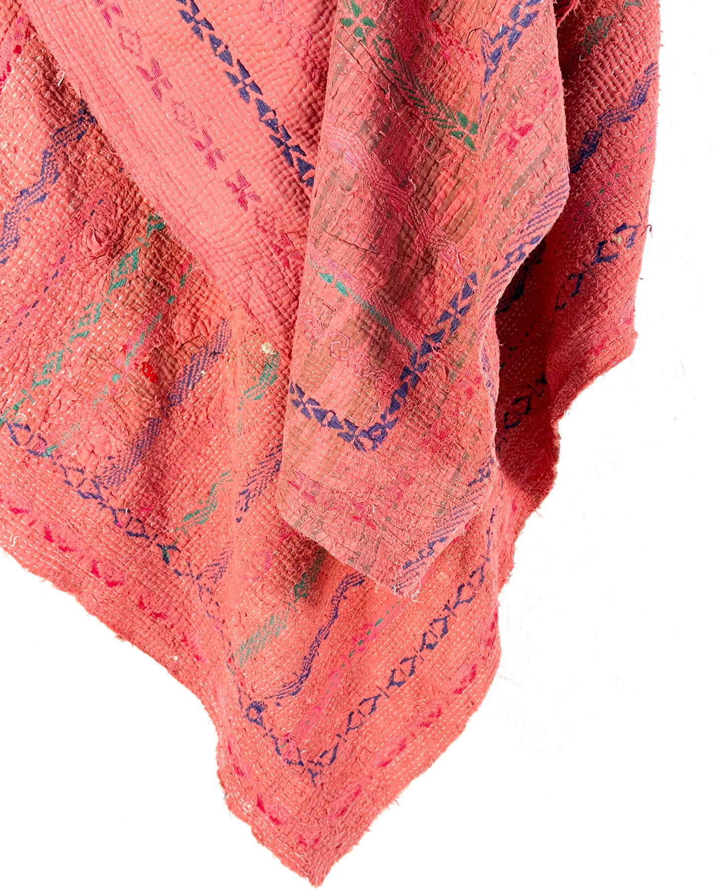 Textured and Embroidered Vintage Kantha Quilt In Deep Pink