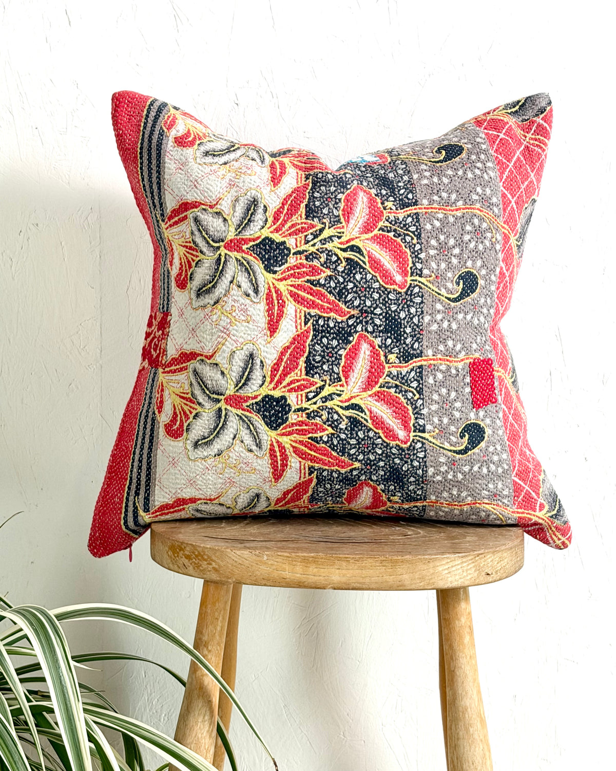 011 - Handmade Vintage Kantha Cushion Cover In Red and Blue - 45cm (18") Square