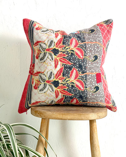 011 - Handmade Vintage Kantha Cushion Cover In Red and Blue - 45cm (18") Square