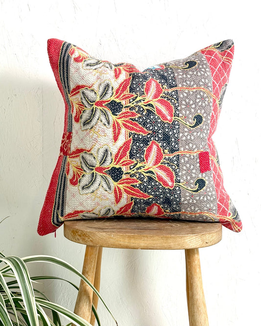 011 - Handmade Vintage Kantha Cushion Cover In Red and Blue - 45cm (18") Square - Biggs & Hill