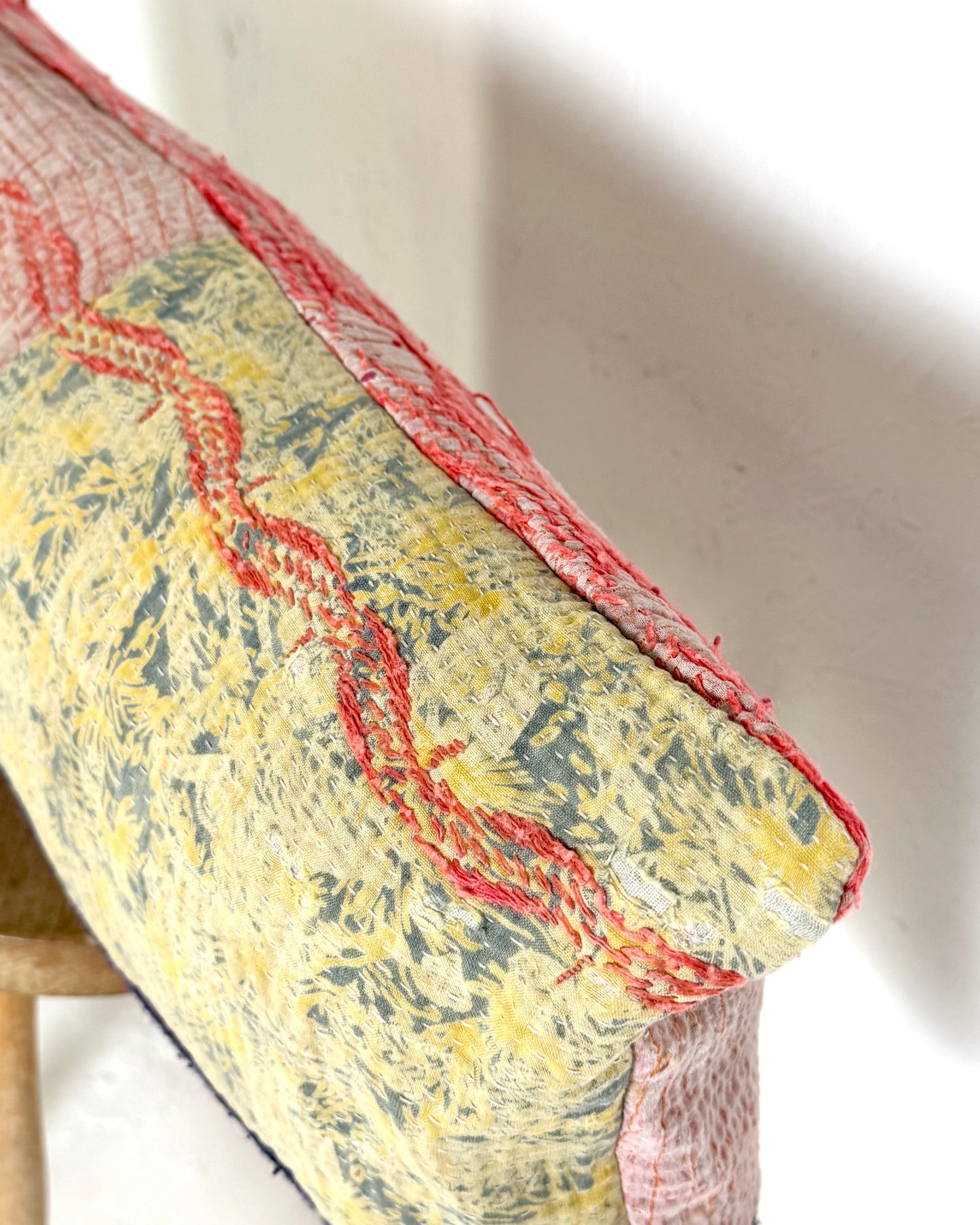 Vintage Kantha Bolster Cushion Cover In Green and Pink with Embroidery 30 x 80cm