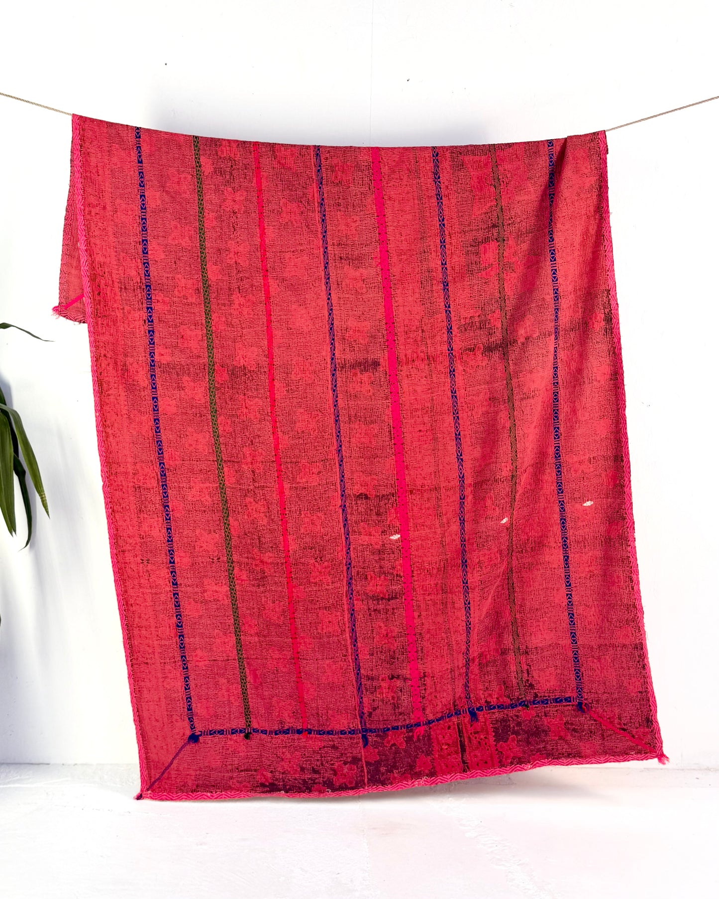 Extra Large Embroidered Vintage Kantha Quilt in Deep Red