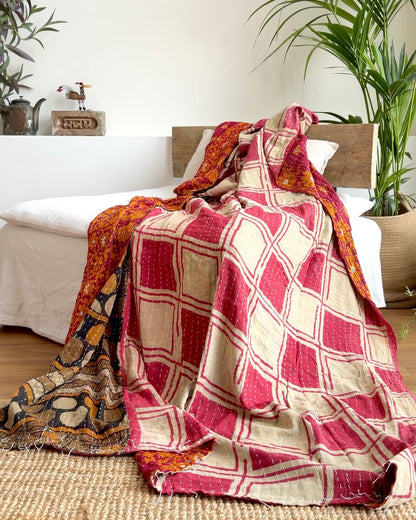 Vintage Cotton Kantha Quilt With Pink Square Pattern #37