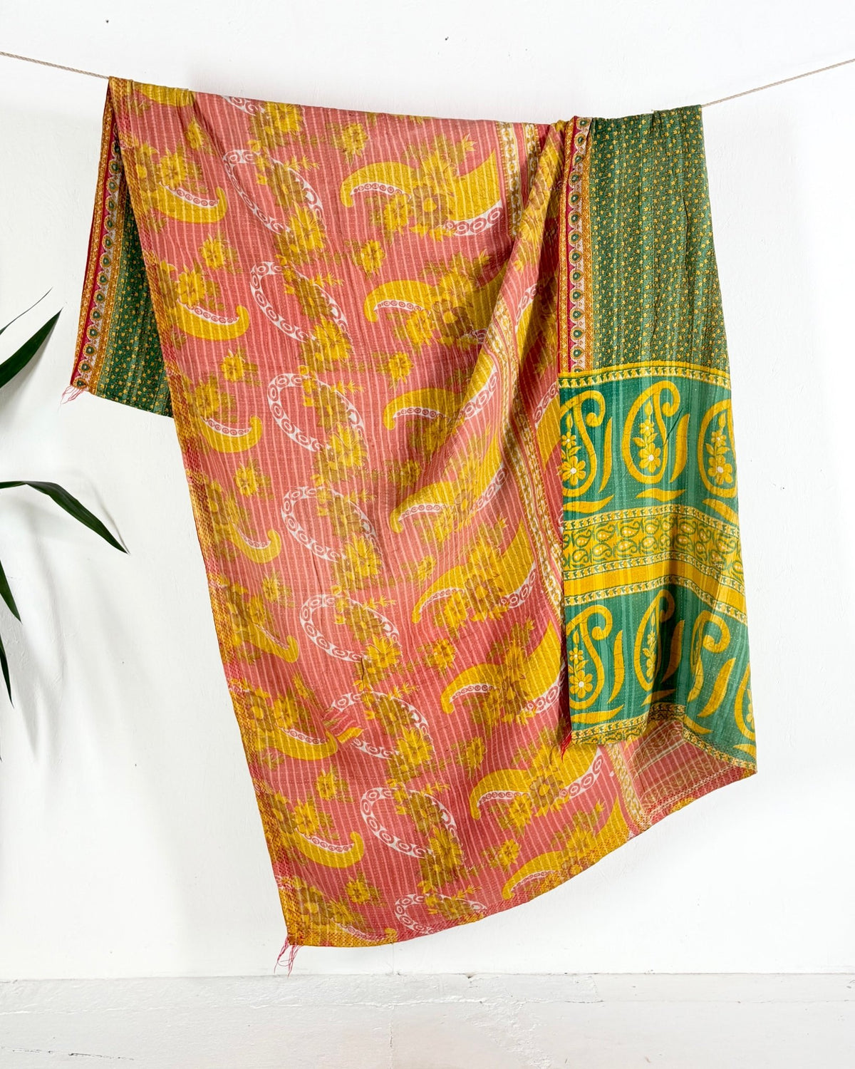 Extra Large Fine Stitched Vintage Kantha Quilt in Pink, Yellow and Green - Biggs & Hill