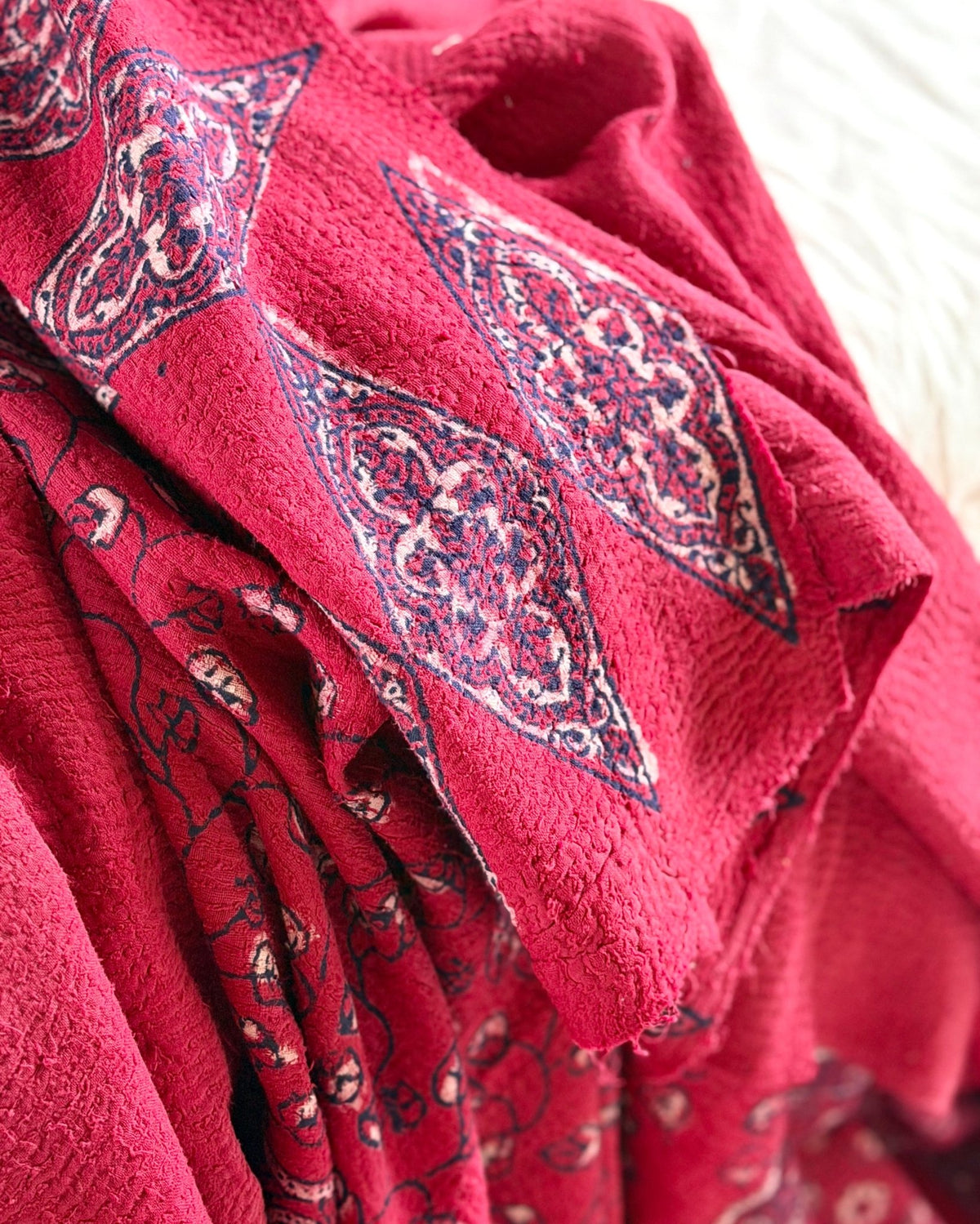 Ajrakh Printed Vintage Kantha Quilt in Deep Red - Biggs & Hill