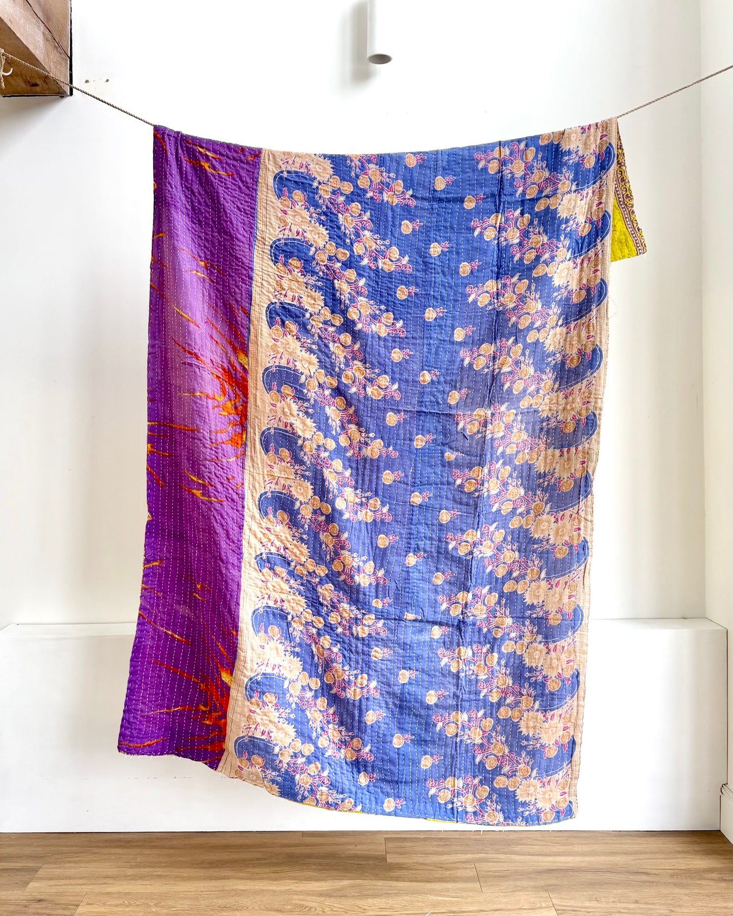 Vintage Cotton Kantha Quilt In Purple and Yellow #41