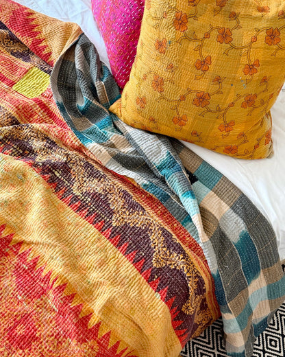 Extra Large Textured Vintage Kantha Quilt In Geometric Yellow, Black and Orange - Biggs & Hill