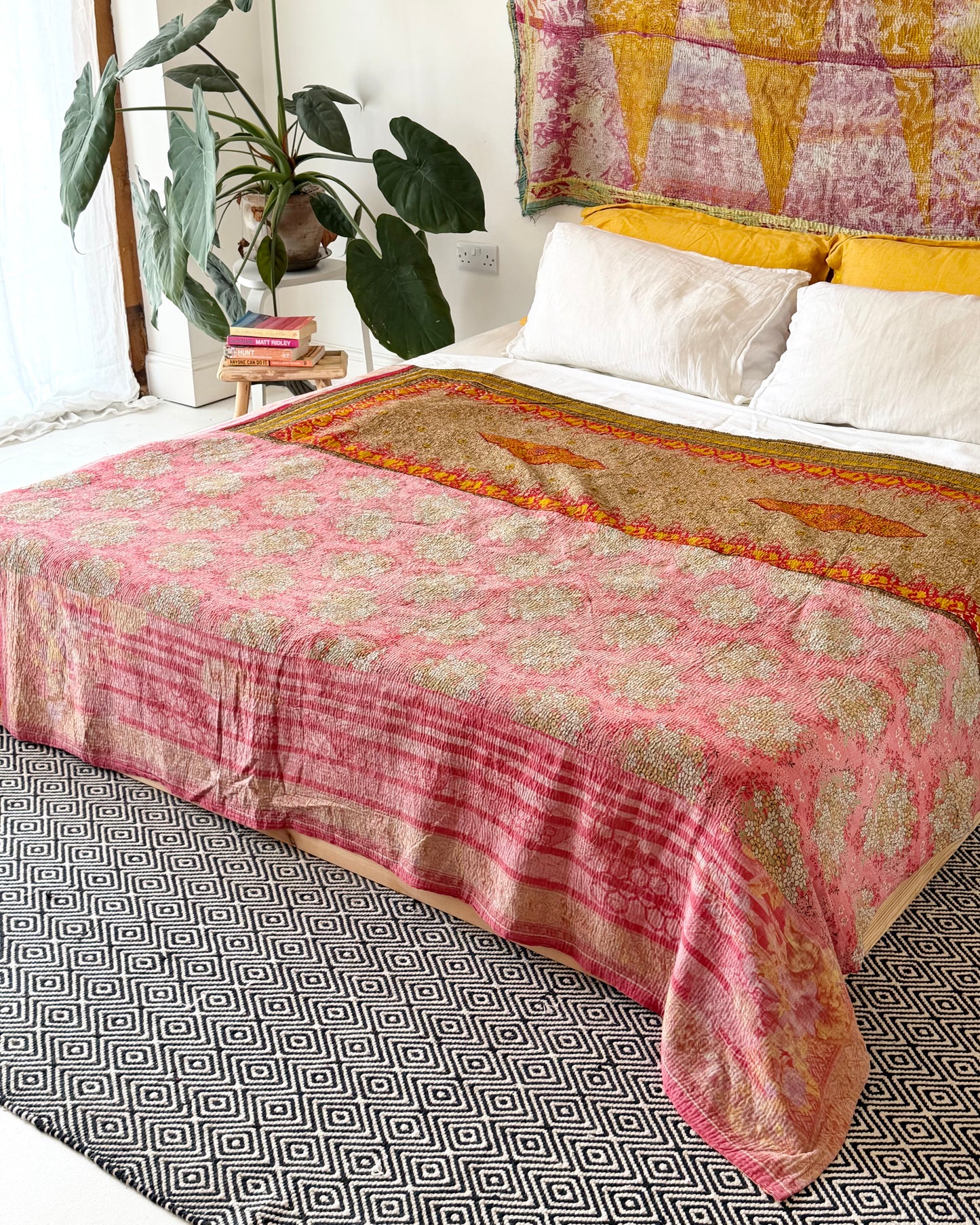 Extra Large Large Fine Stitched Vintage Kantha Quilt in Vibrant Pink, Turquoise, Mustard and Red
