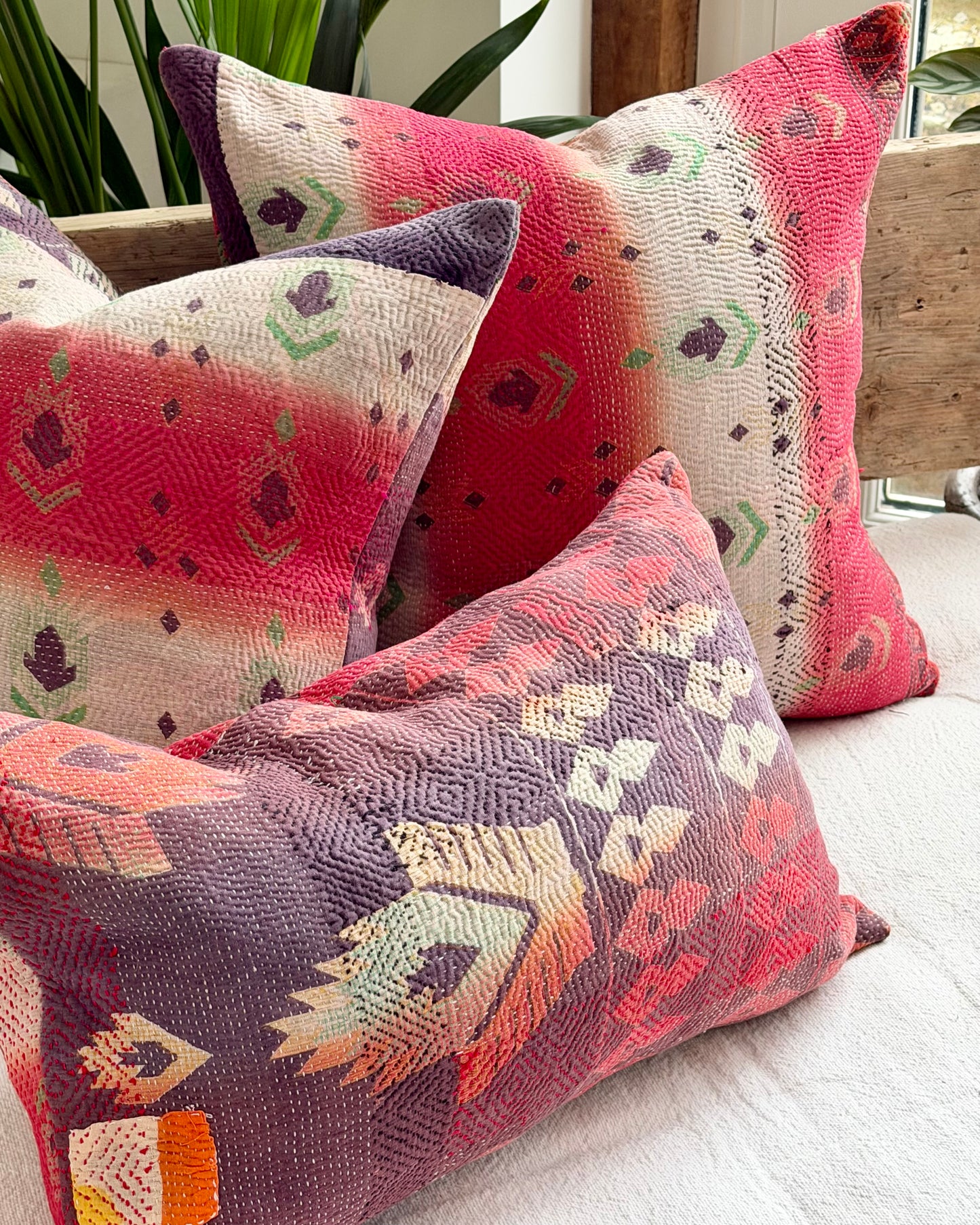Vintage Kantha Cushion In Pink, White and Purple - 45cm Square
