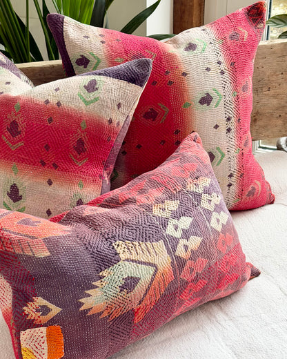 Vintage Kantha Cushion In Pink, White and Purple - 45cm Square