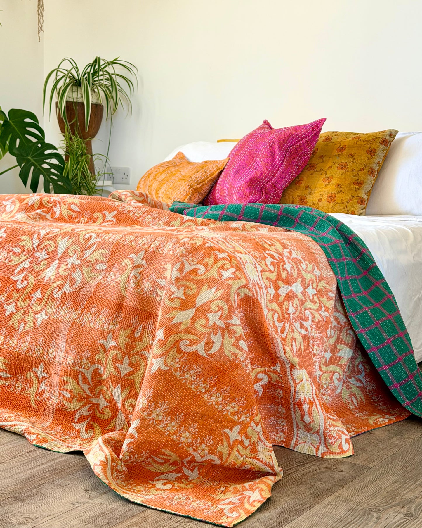 Large Fine Stitched Vintage Kantha Quilt in Orange and Green