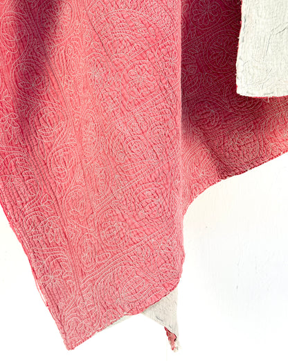 Embroidered Sujini Vintage Kantha Quilt In Faded Pink With Lotus Flower