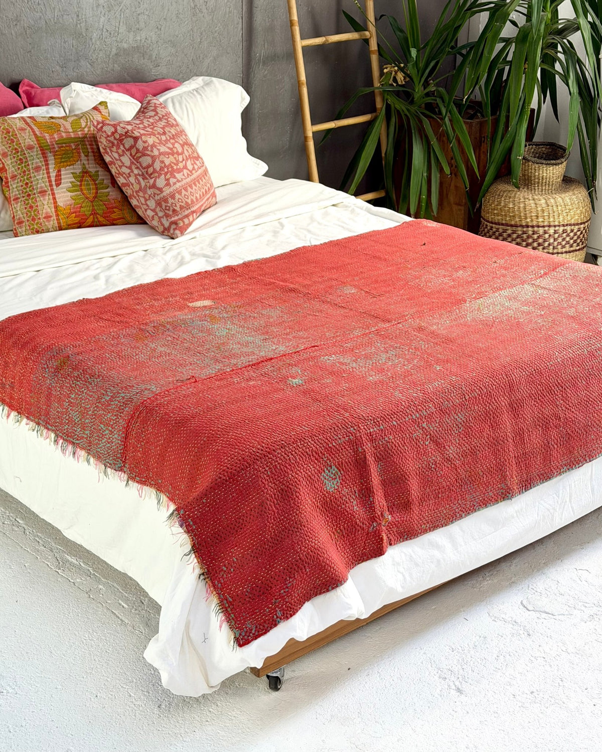 Textured Vintage Kantha Quilt in Pink and Yellow Stripes - Biggs & Hill