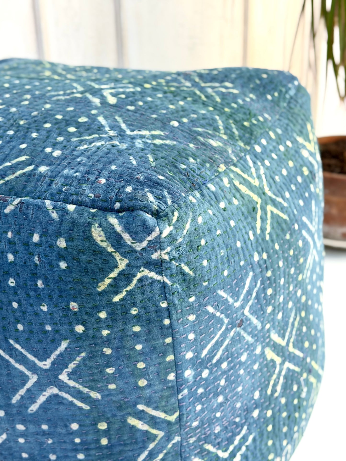 Cube Kantha Pouf Cushion Cover With Indigo Block Print