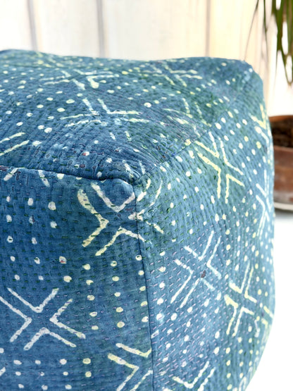 Cube Kantha Pouf Cushion Cover With Indigo Block Print