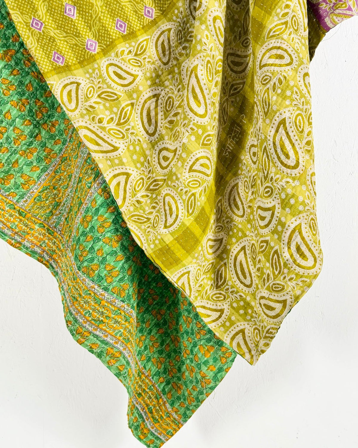 Large Fine Stitched Vintage Kantha Quilt in Green - Biggs & Hill