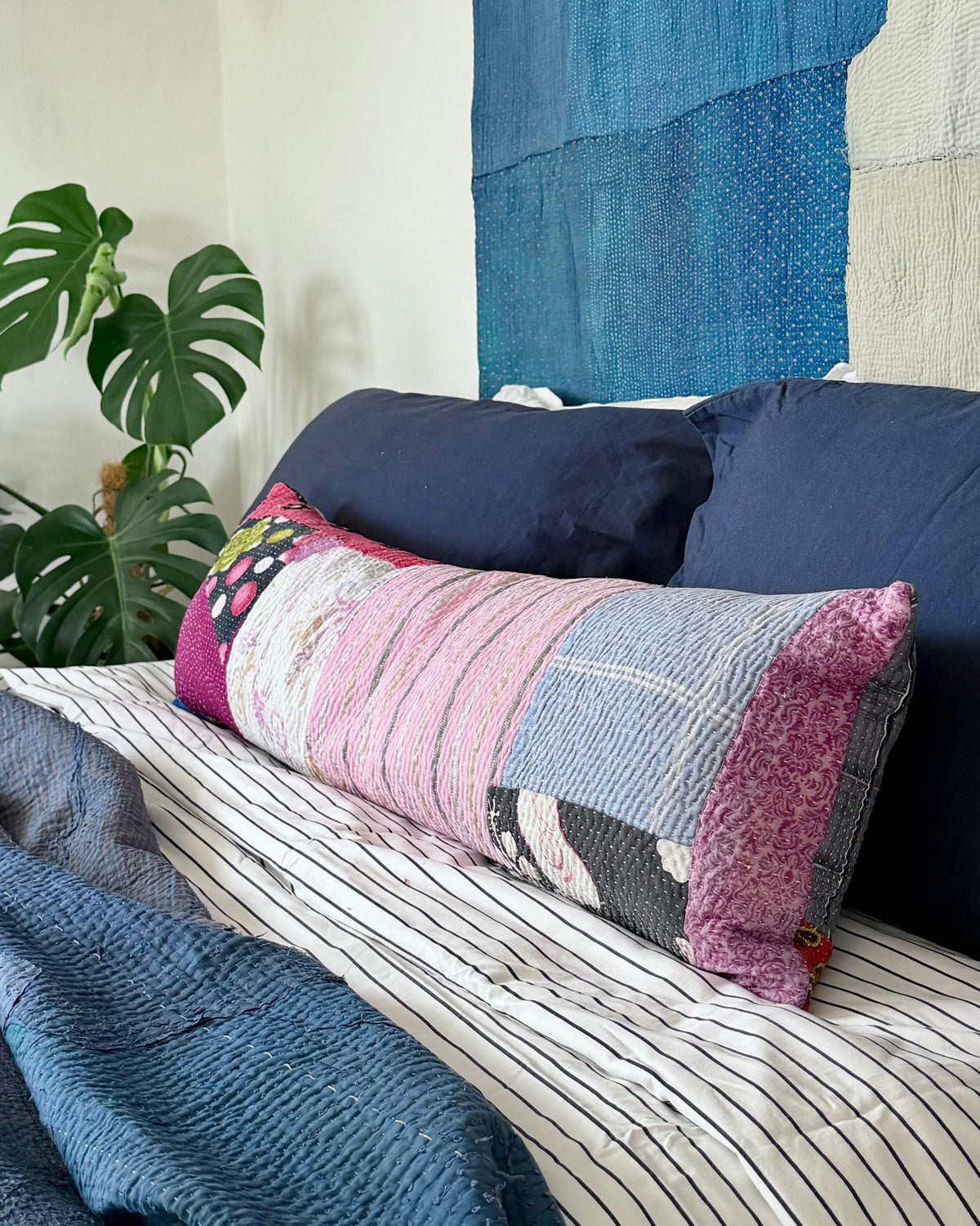 Vintage Kantha Bolster Cushion Cover In Multicolour Patchwork 30 x 100 - Biggs & Hill