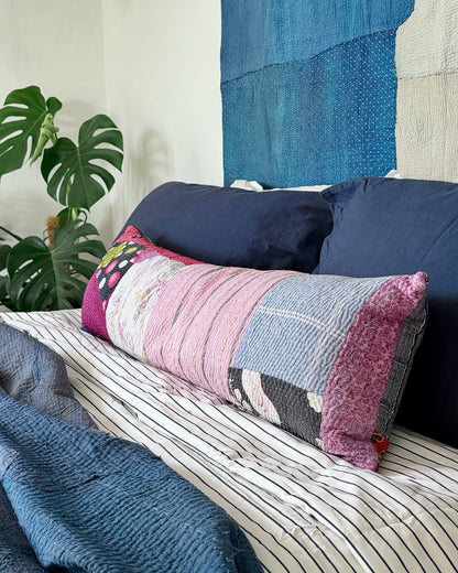 Vintage Kantha Bolster Cushion Cover In Multicolour Patchwork 30 x 100 - Biggs & Hill