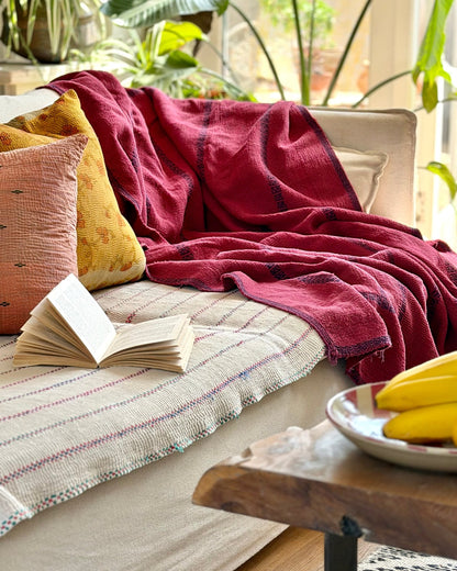Fine Stitched Embroidered Vintage Kantha Quilt in Deep Plum Red - Biggs & Hill