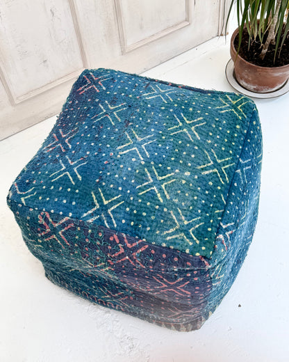 Cube Kantha Pouf Cushion Cover With Indigo Block Print