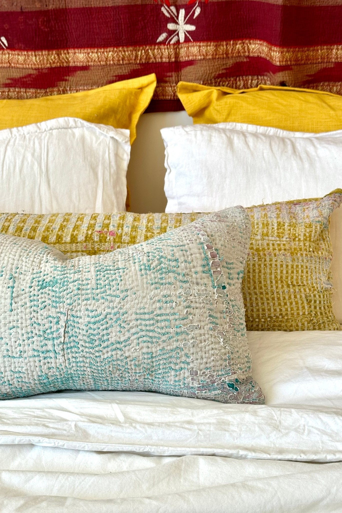 Vintage Kantha Cushion In Light Blue - Small Rectangular - Biggs & Hill