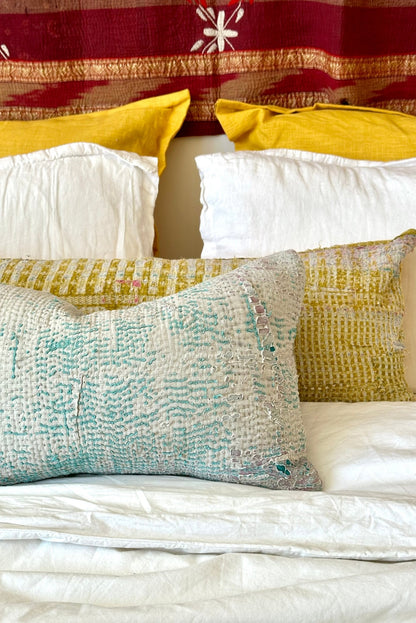 Vintage Kantha Cushion In Light Blue - Small Rectangular - Biggs & Hill