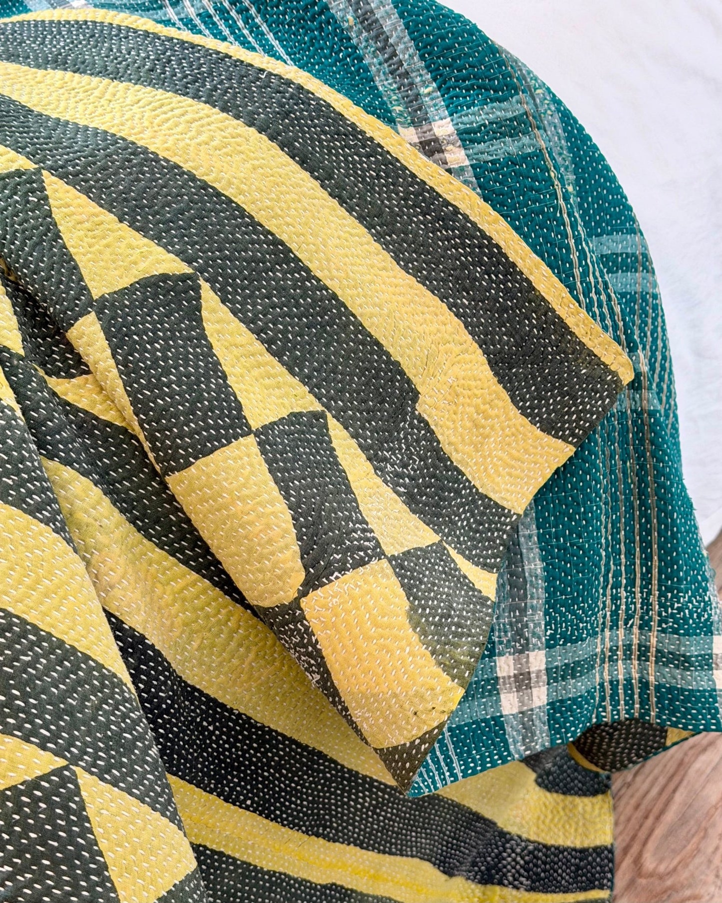 Large Fine Stitched Vintage Kantha Quilt in Diamond Pattern Yellow and Green - Biggs & Hill