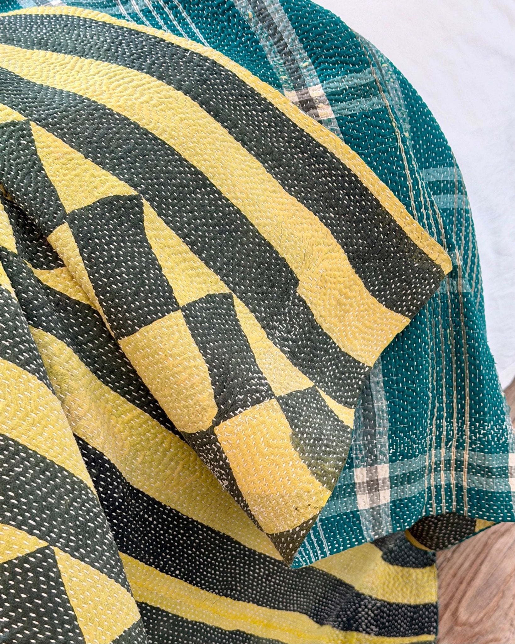 Large Fine Stitched Vintage Kantha Quilt in Diamond Pattern Yellow and Green - Biggs & Hill