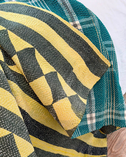 Large Fine Stitched Vintage Kantha Quilt in Diamond Pattern Yellow and Green - Biggs & Hill