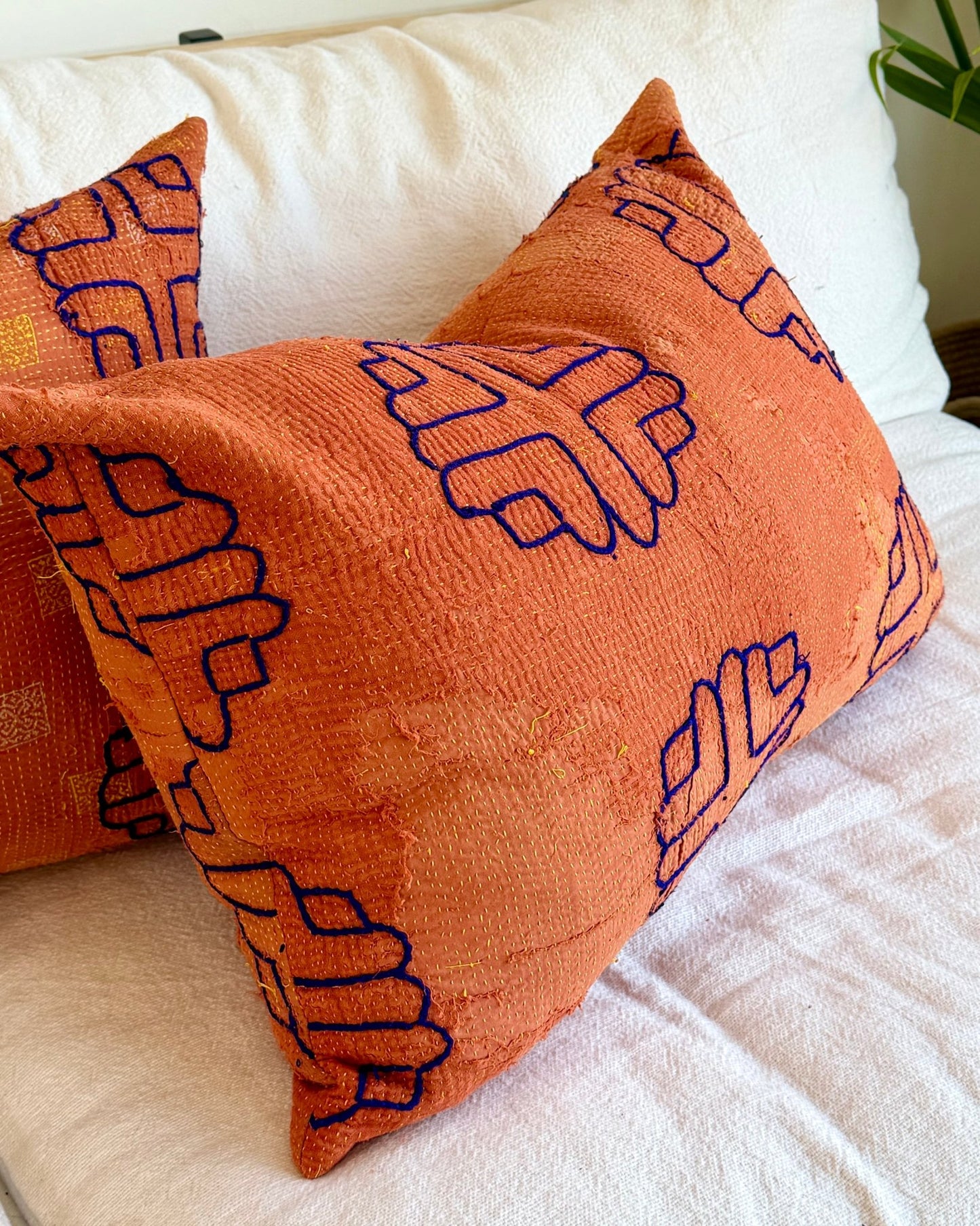 Vintage Kantha Cushion In Terracotta 02 - Large Rectangular - Biggs & Hill