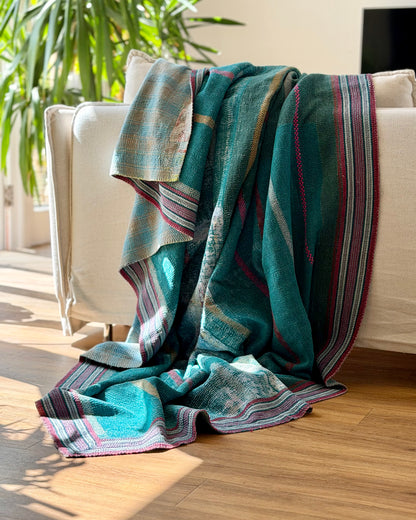 Extra Large Heavy Embroidered Vintage Kantha Quilt in Green and Blue