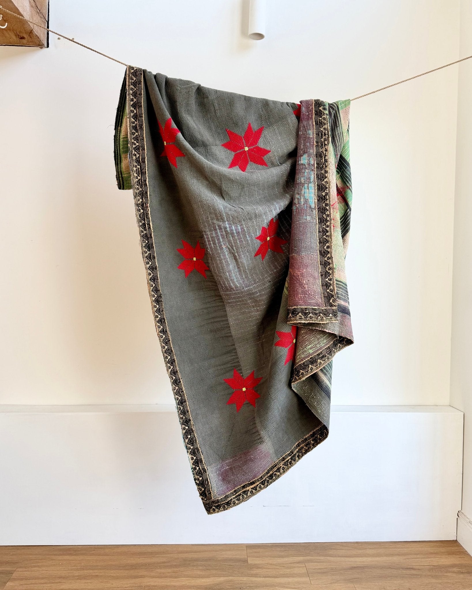 Large Fine Stitched Embroidered Vintage Kantha Quilt With Red Stars on Grey - Biggs & Hill