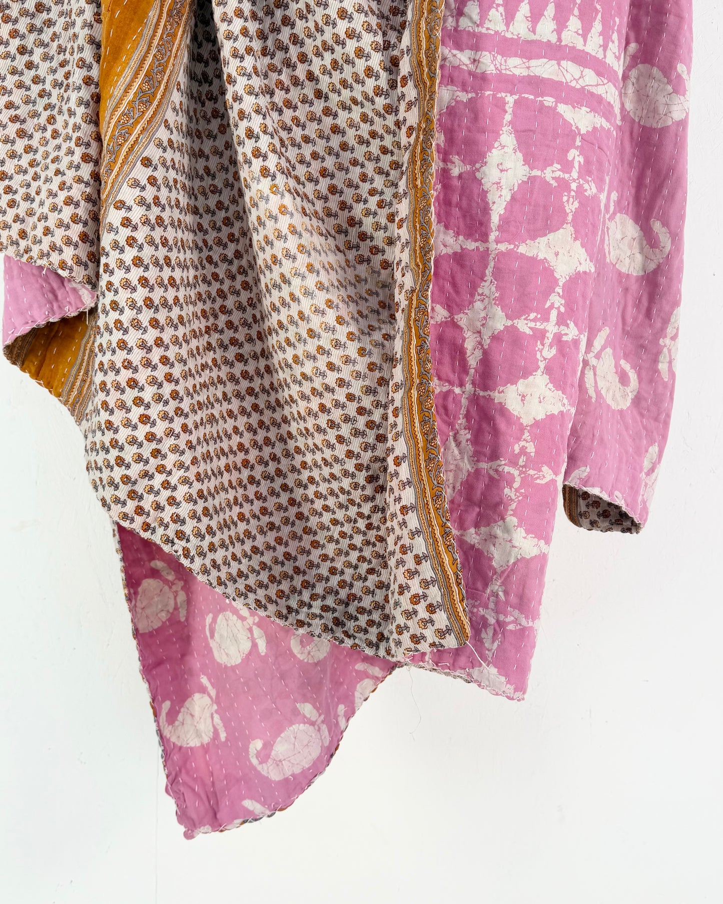 Vintage Cotton Kantha Quilt In Pink and Beige Floral #52