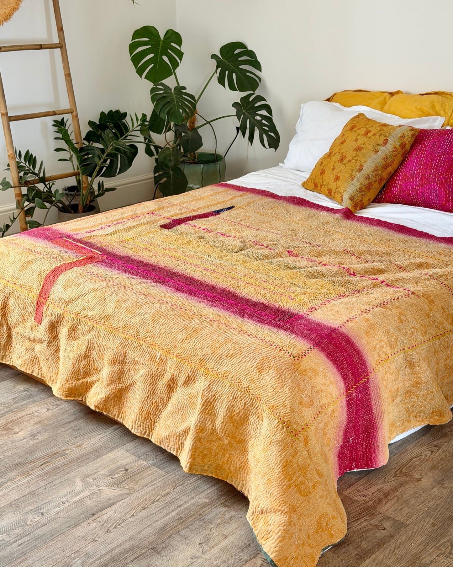 Heavy Fine Stitched Embroidered Vintage Kantha Quilt in Yellow, Pink and Blue - Biggs & Hill