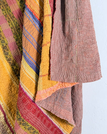 Extra Large Fine Stitched Vintage Kantha Quilt in Yellow and Pink Stripes - Biggs & Hill
