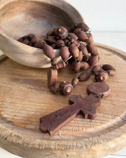 Vintage French Lourdes Rosary (Chapelet) – Wooden Pilgrimage Beads