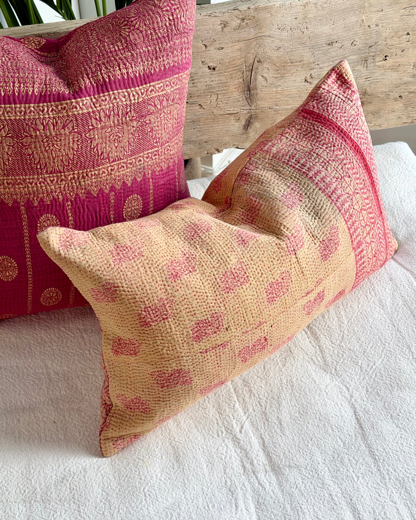 Vintage Kantha Cushion In Pink and Beige - Small Rectangular
