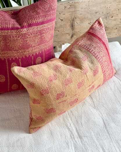 Vintage Kantha Cushion In Pink and Beige - Small Rectangular