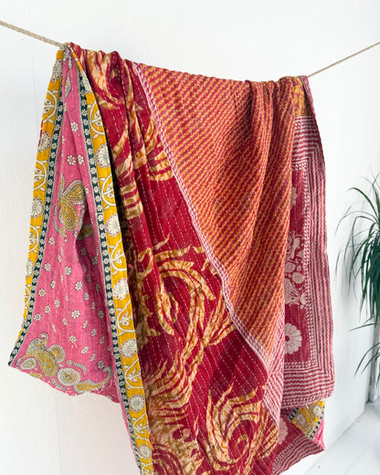 Vintage Cotton Kantha Quilt In Pink and Orange #53