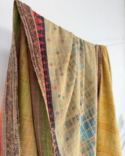 Large Textured Vintage Kantha Quilt In Soft Yellow and Orange