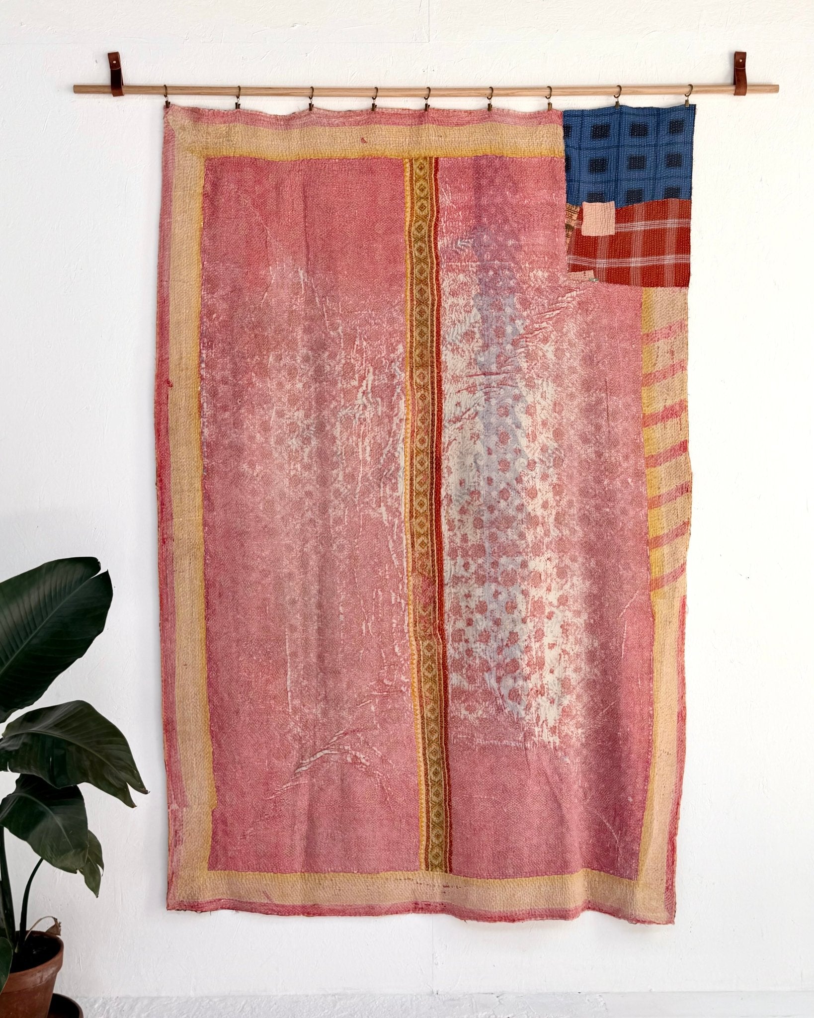 Large Textured Vintage Kantha Quilt In Yellow and Pink - Biggs & Hill