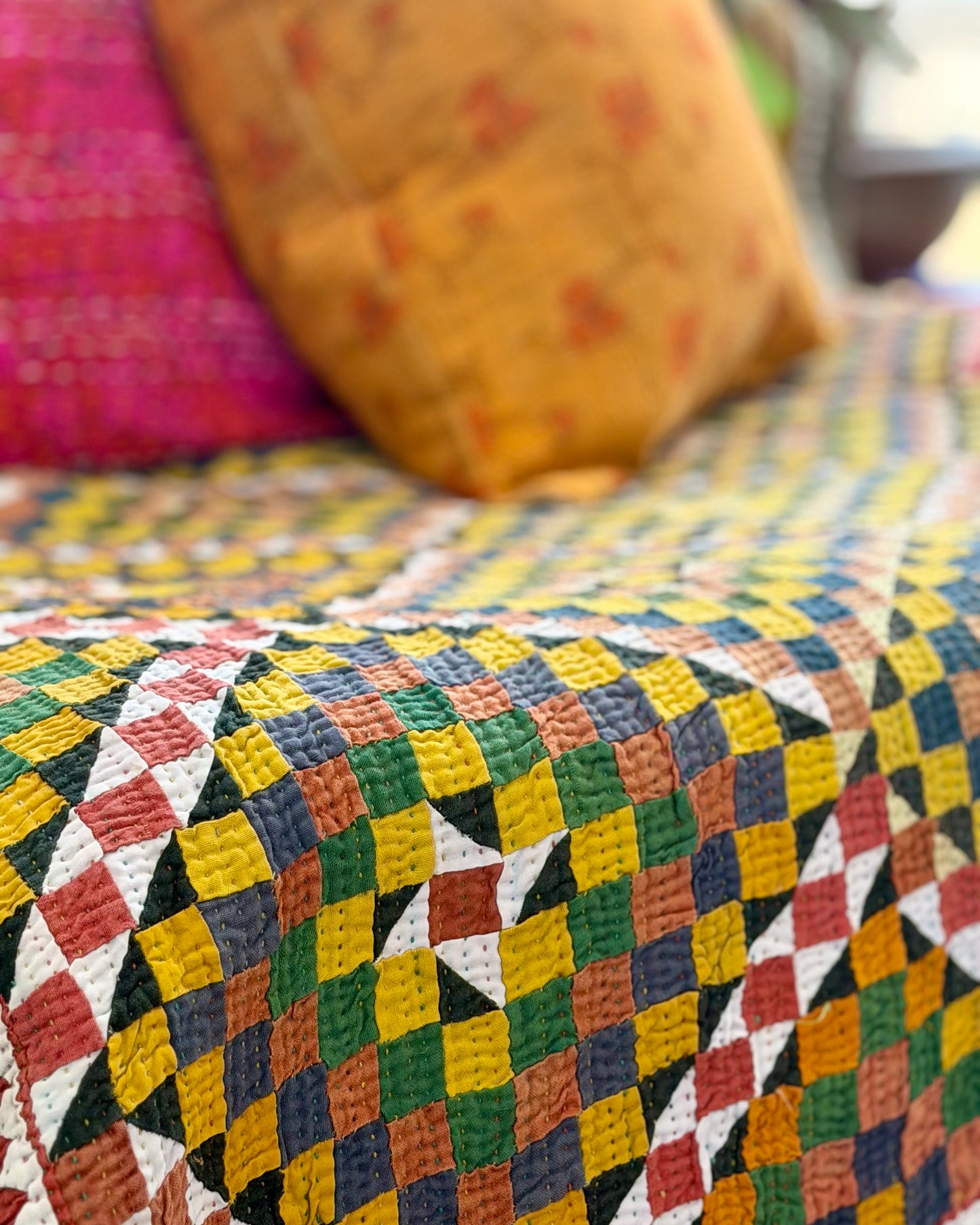 Vintage Embroidered Patchwork Ralli Quilt in Shades of Green