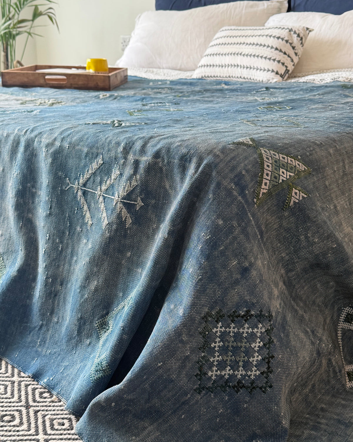 Enormous Hand Woven Moroccan Bedcover Made  Indigo “Sabra Silk”