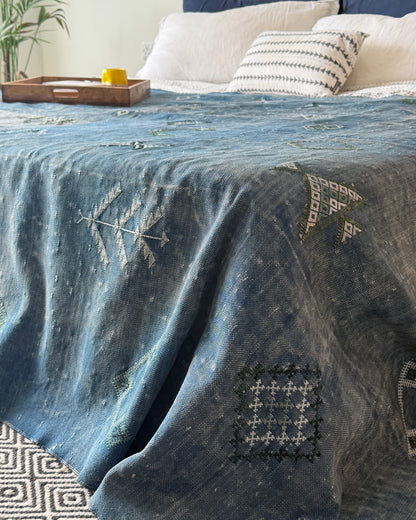 Enormous Hand Woven Moroccan Bedcover Made  Indigo “Sabra Silk”