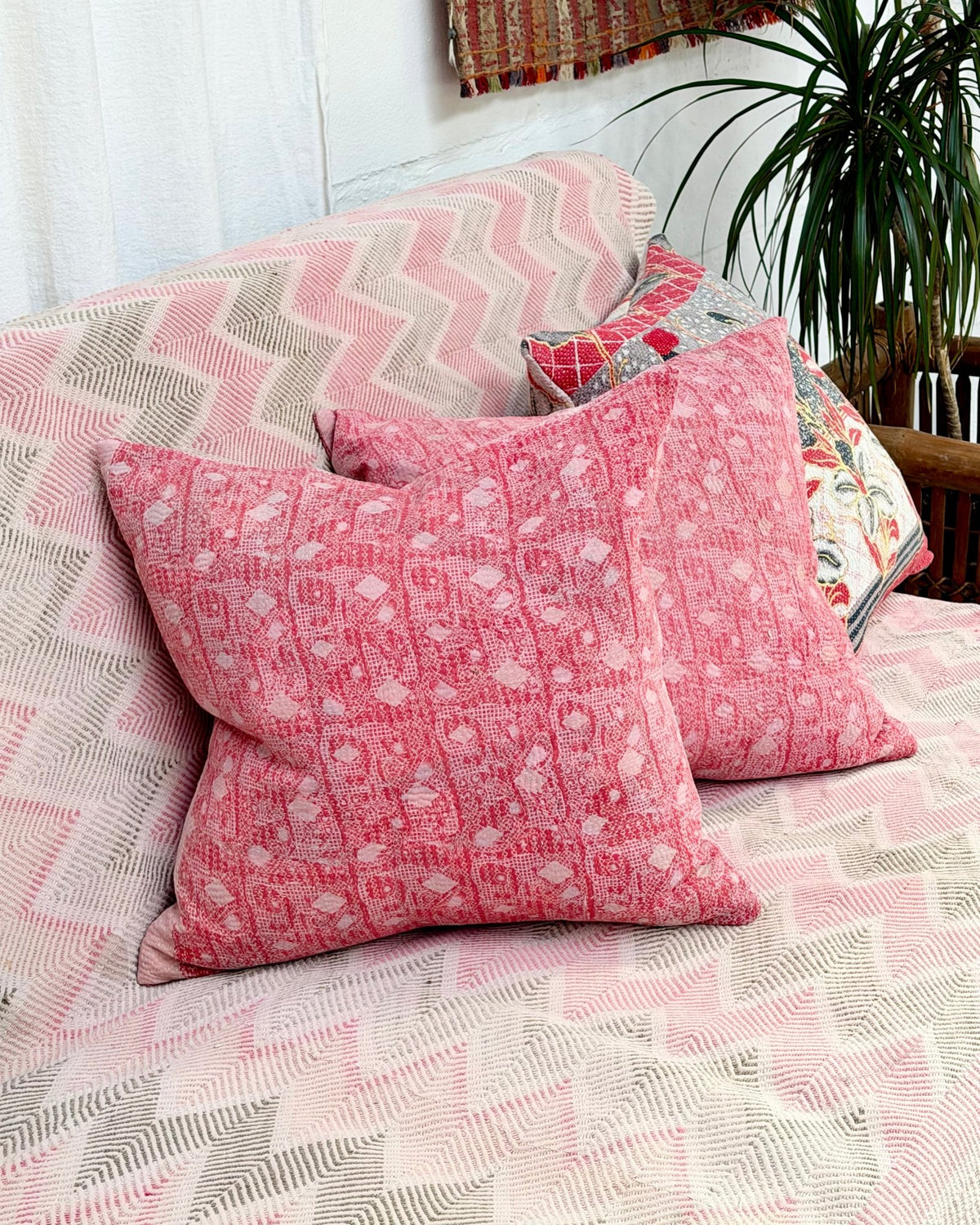 Handmade Vintage Kantha Cushion Cover In Pink- 45cm (18") Square - Biggs & Hill