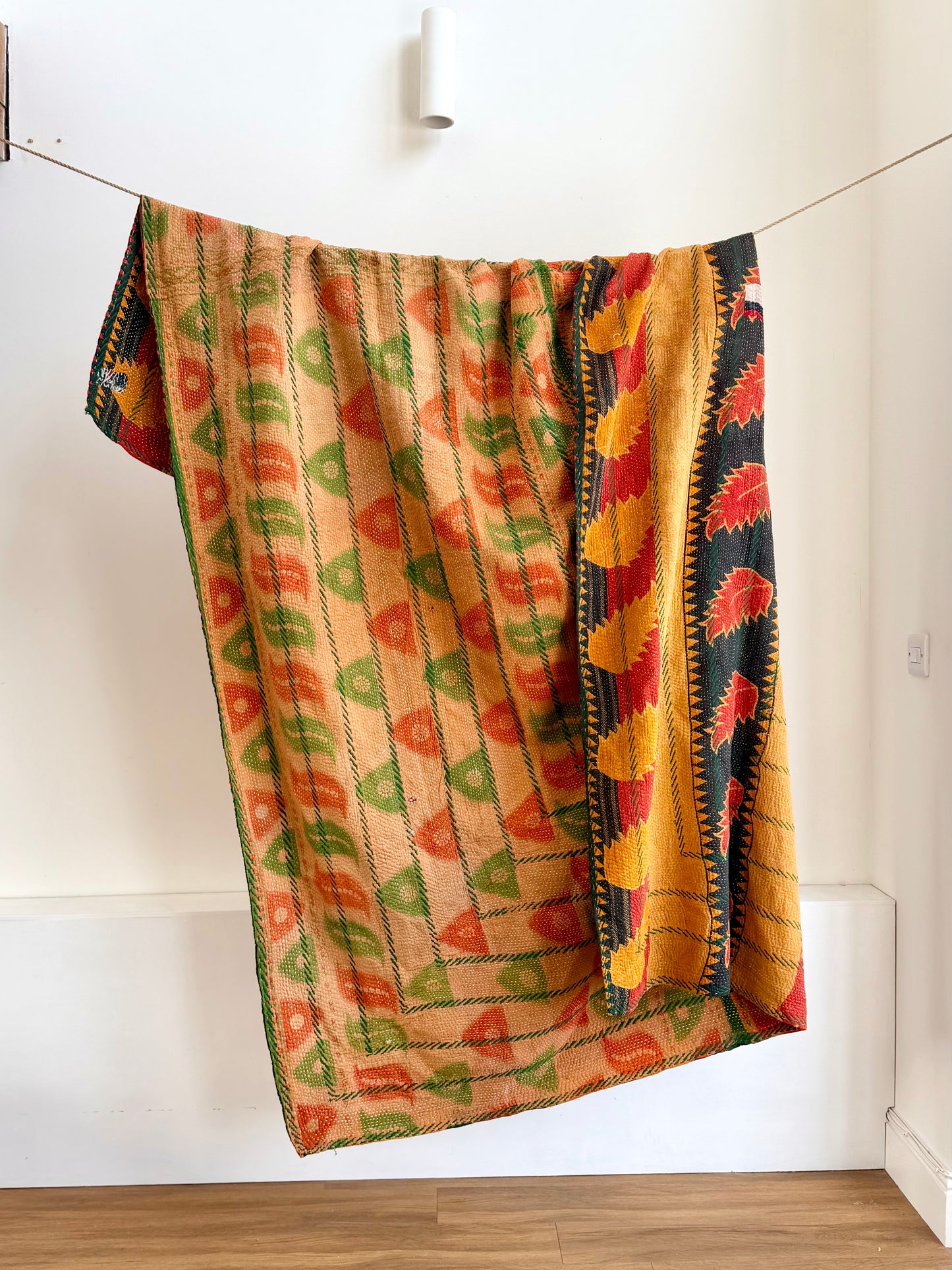 Extra Large Embroidered Vintage Kantha Quilt in Orange and Green