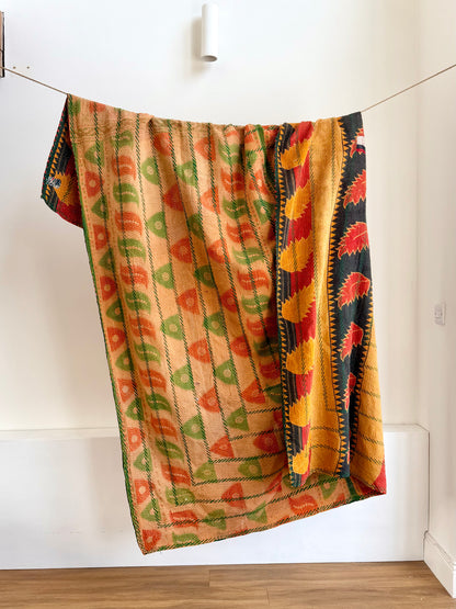 Extra Large Embroidered Vintage Kantha Quilt in Orange and Green