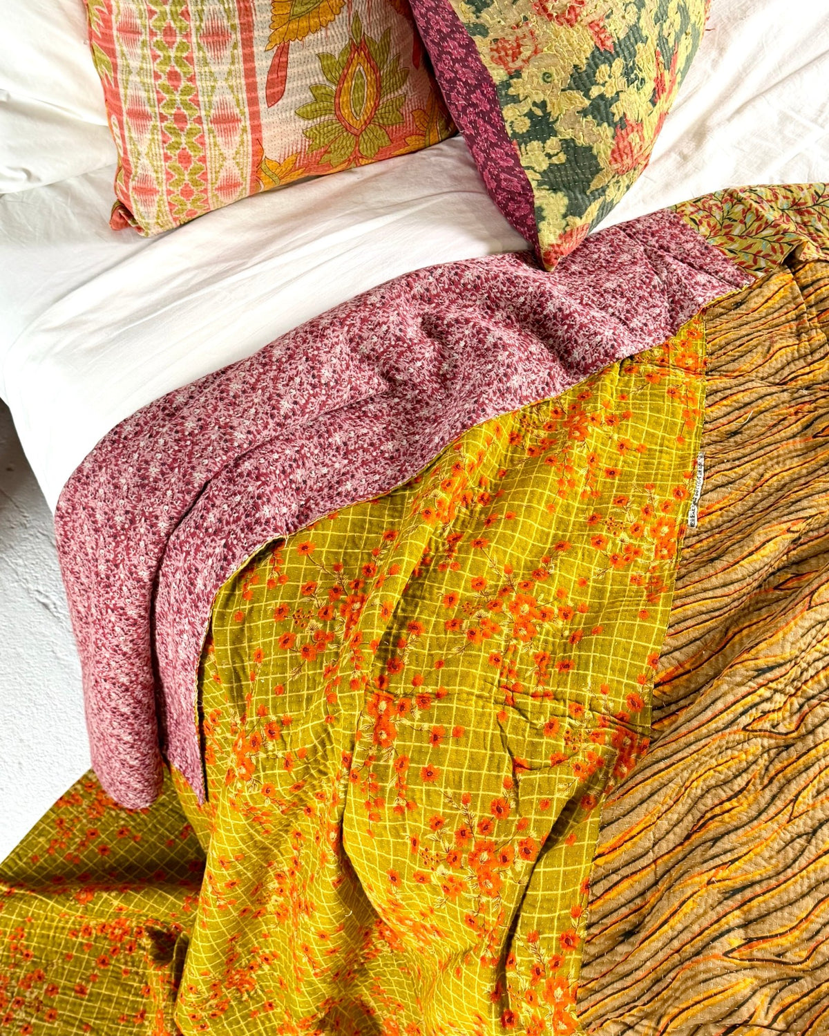 Fine Stitched Vintage Kantha Quilt in Pink, Yellow and Mustard - Biggs & Hill