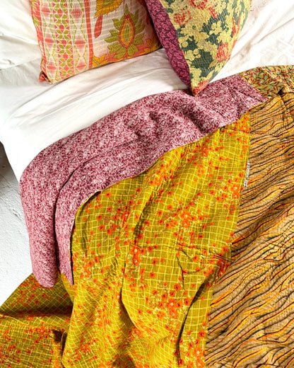 Fine Stitched Vintage Kantha Quilt in Pink, Yellow and Mustard - Biggs & Hill