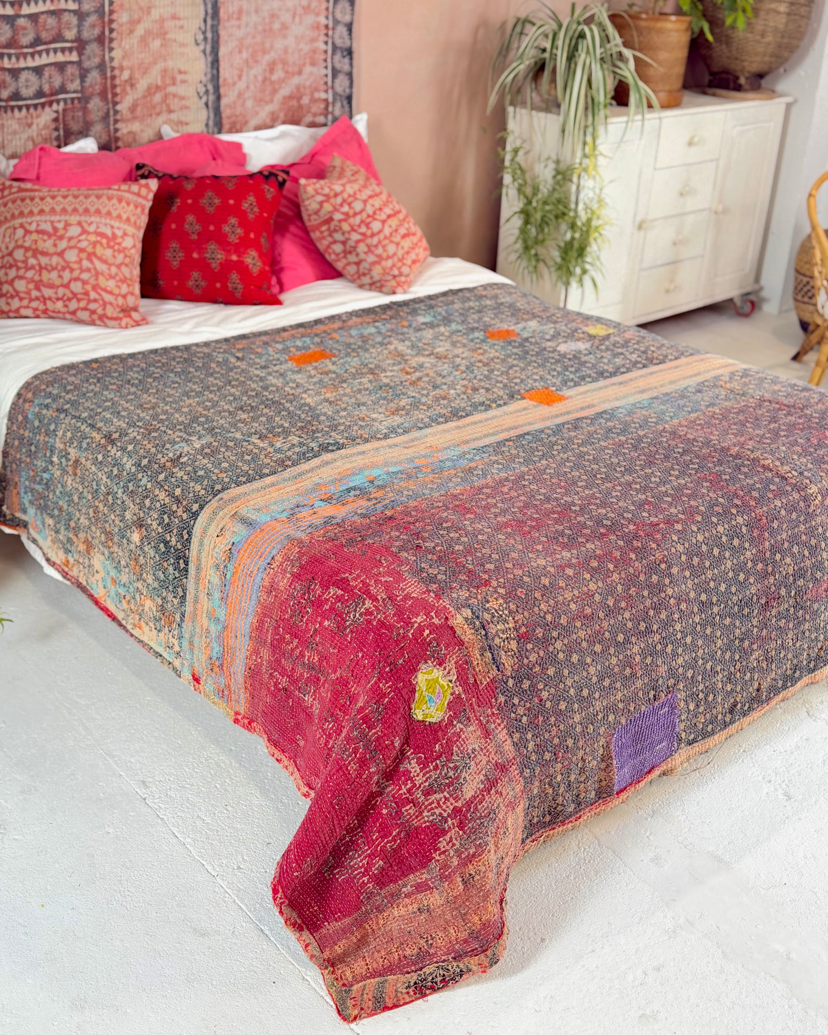 Large Textured Vintage Kantha Quilt in Red and Blue